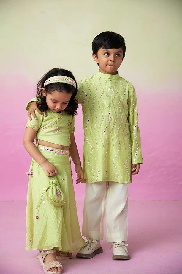 Sunny Daydream- Lime Hand Embroidered Kurta & Pants Set for Boys