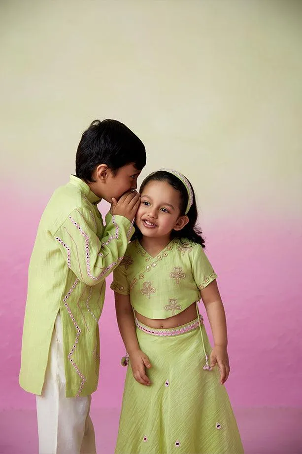 Sunny Daydream- Lime Hand Embroidered Kurta & Pants Set for Boys