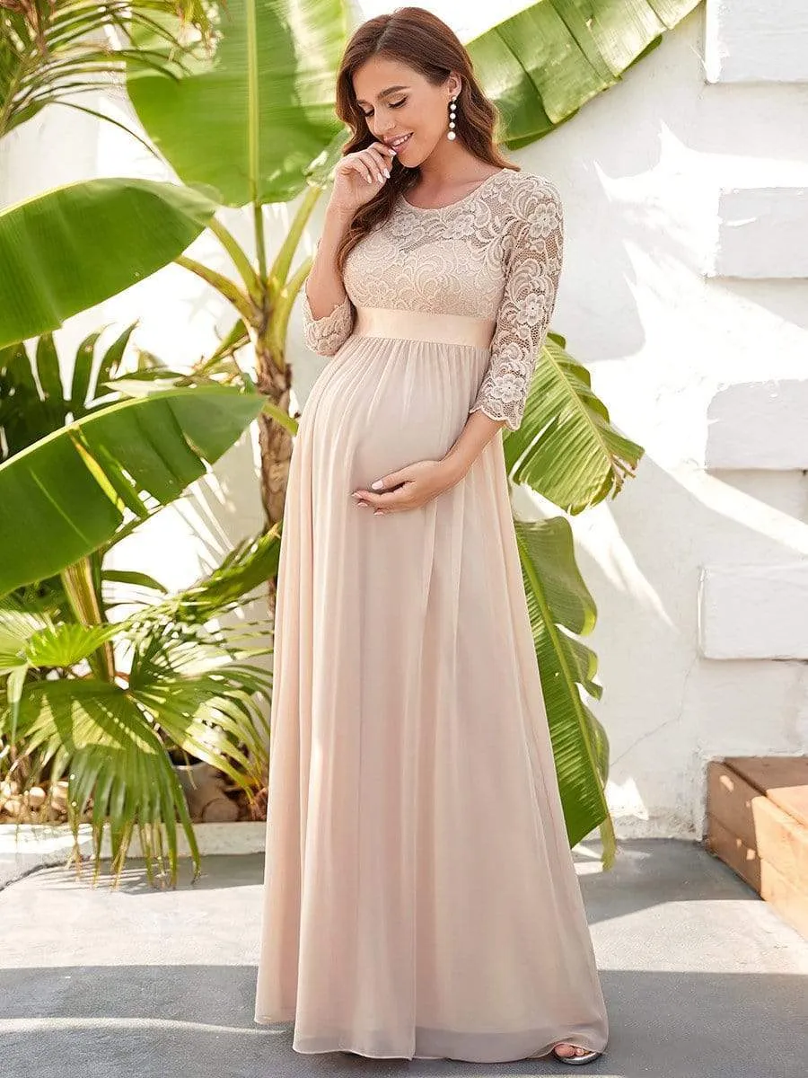 Sweetheart 3/4 Sleeve Floor-Length Lace Bump Friendly Dress