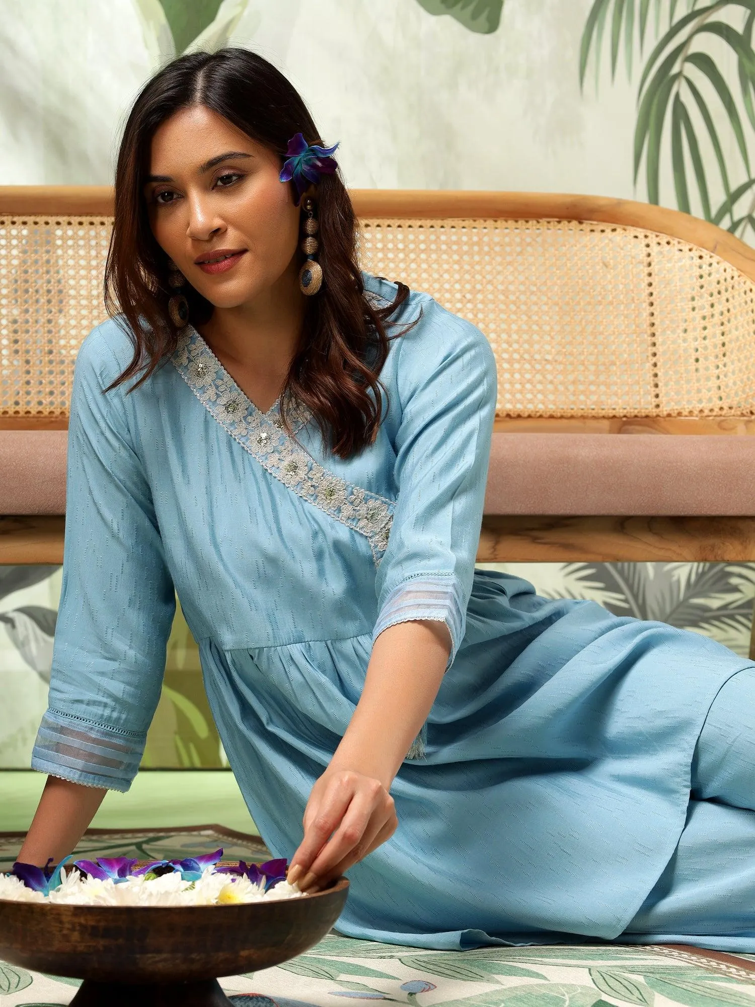 Tara Blue Muslin Embroidered Angrakha (Co-Ord Set)