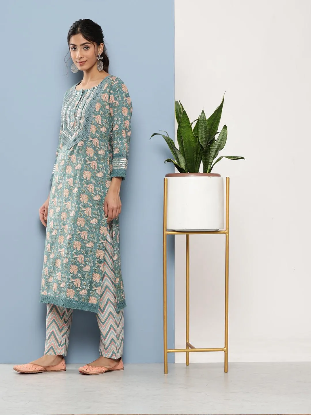 Teal Blue Cotton Straight Pant Set With Dupatta