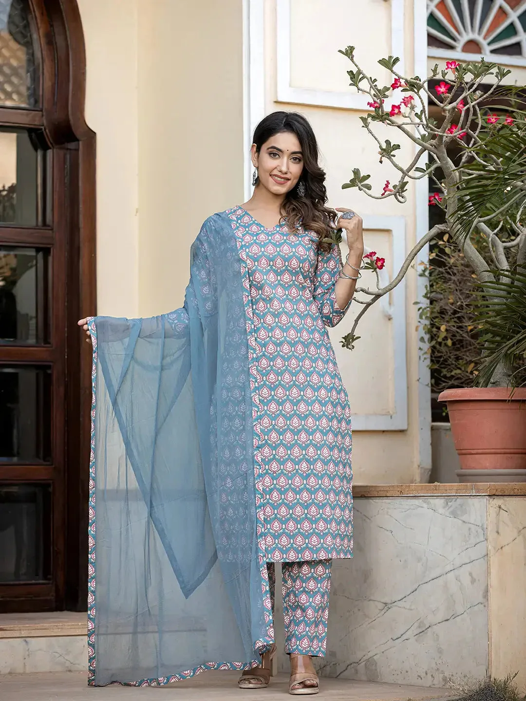 Teal Blue Leaf Print Straight Kurta Trouser And Dupatta Set