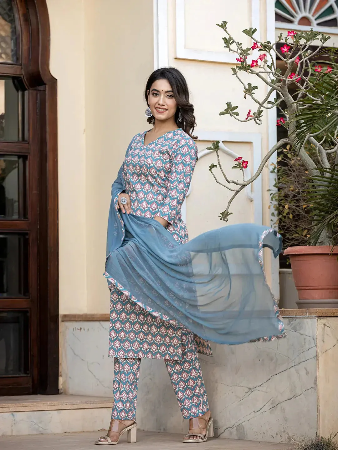 Teal Blue Leaf Print Straight Kurta Trouser And Dupatta Set