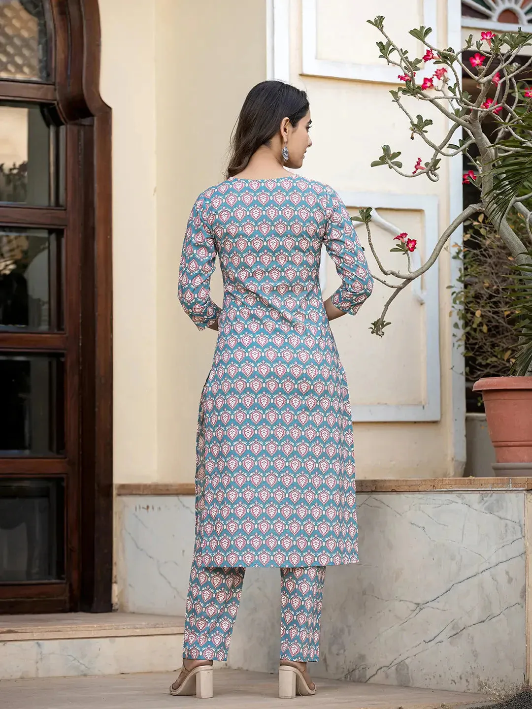 Teal Blue Leaf Print Straight Kurta Trouser And Dupatta Set