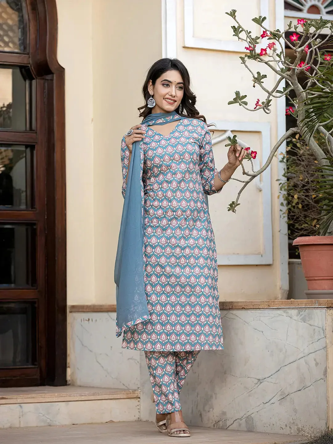 Teal Blue Leaf Print Straight Kurta Trouser And Dupatta Set