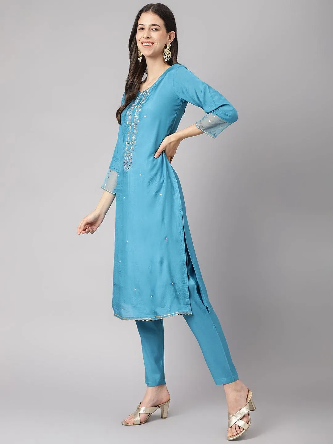 Teal Blue Muslin Embroidery Kurta Pant Set With Organza Dupatta