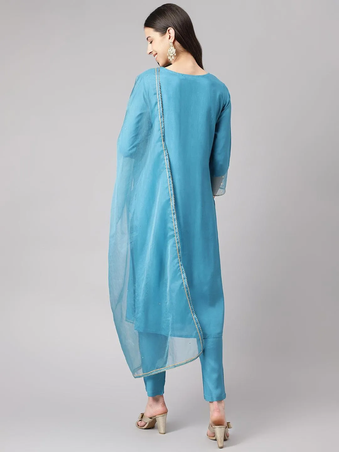 Teal Blue Muslin Embroidery Kurta Pant Set With Organza Dupatta