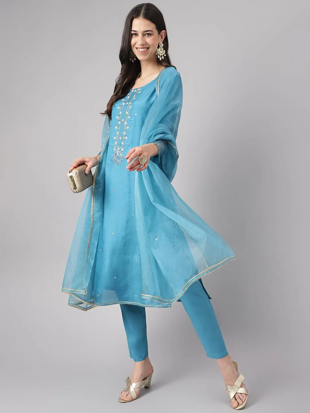 Teal Blue Muslin Embroidery Kurta Pant Set With Organza Dupatta