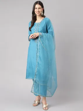 Teal Blue Muslin Embroidery Kurta Pant Set With Organza Dupatta