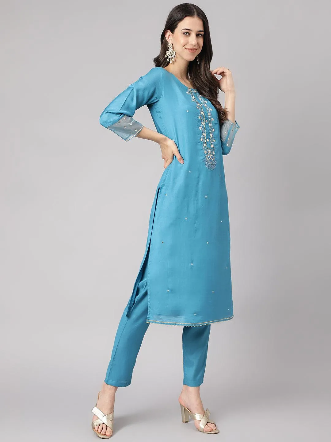 Teal Blue Muslin Embroidery Kurta Pant Set With Organza Dupatta