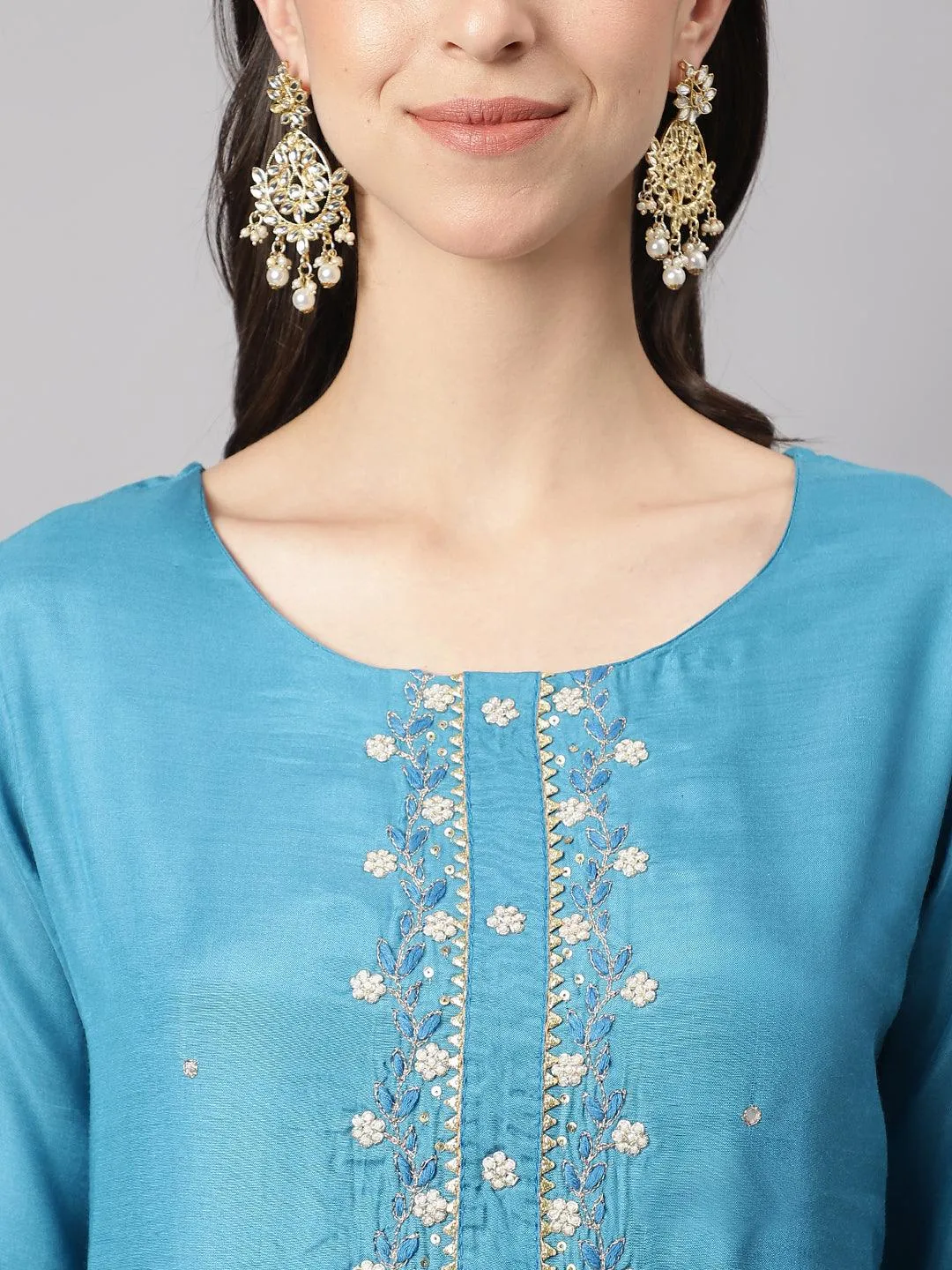 Teal Blue Muslin Embroidery Kurta Pant Set With Organza Dupatta