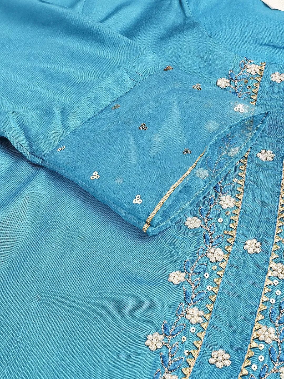 Teal Blue Muslin Embroidery Kurta Pant Set With Organza Dupatta