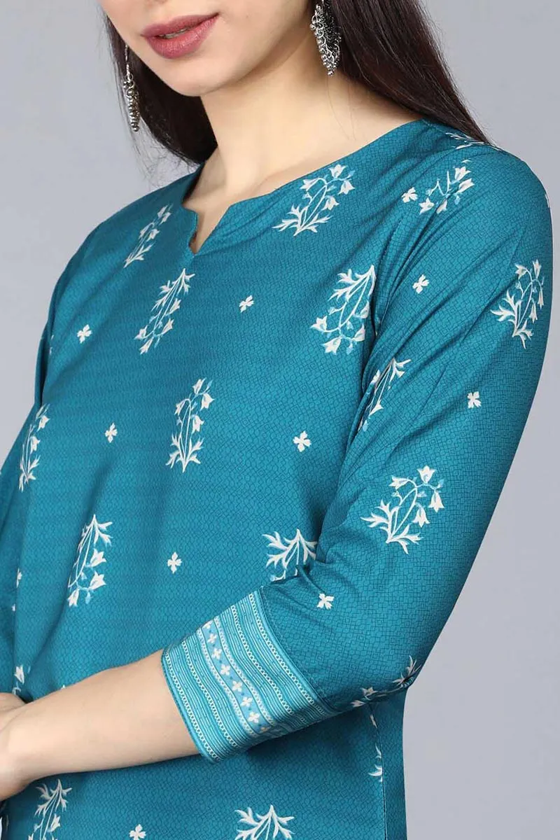 Teal Blue Poly Crepe Ethnic Motifs Straight Suit Set