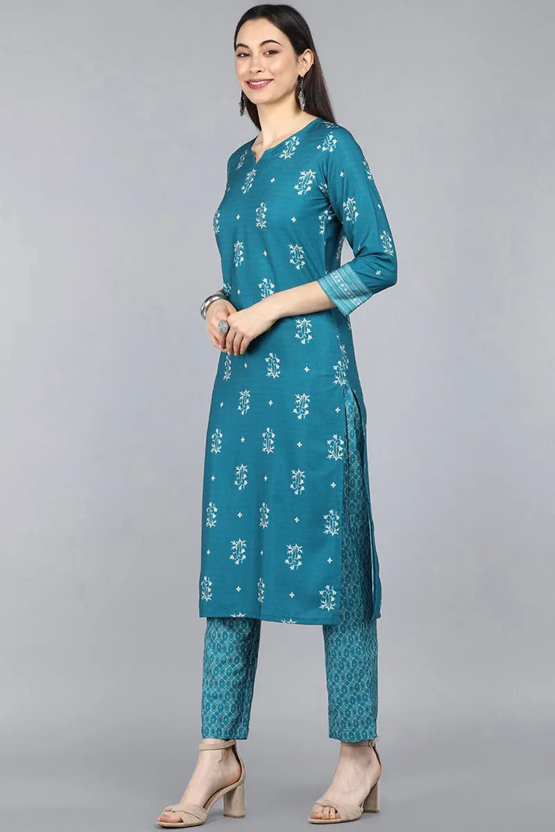 Teal Blue Poly Crepe Ethnic Motifs Straight Suit Set