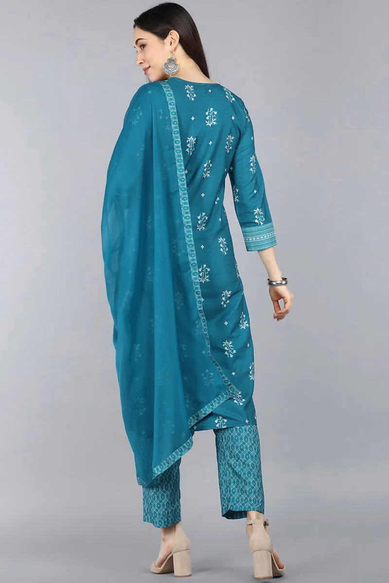 Teal Blue Poly Crepe Ethnic Motifs Straight Suit Set