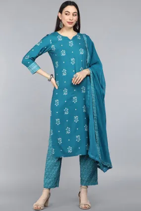 Teal Blue Poly Crepe Ethnic Motifs Straight Suit Set