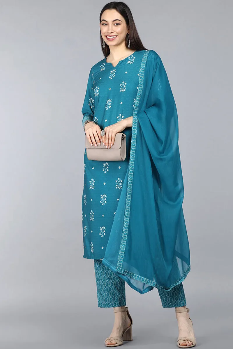 Teal Blue Poly Crepe Ethnic Motifs Straight Suit Set