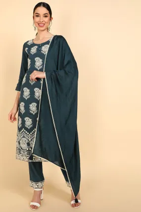 Teal Blue Poly Silk Embroidered Straight Suit Set