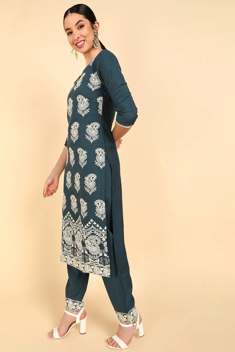 Teal Blue Poly Silk Embroidered Straight Suit Set