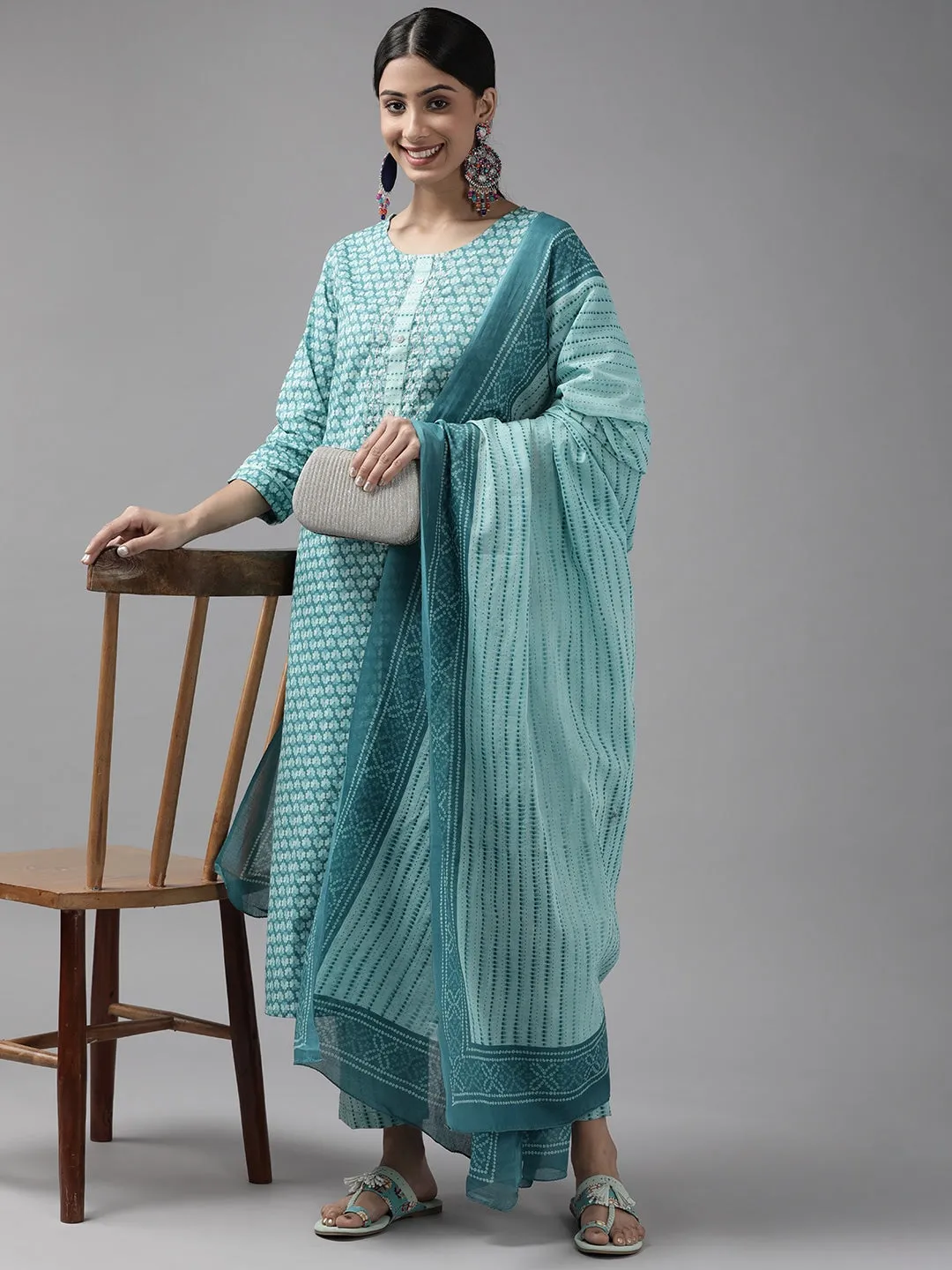 Teal Blue Printed Dupatta Set