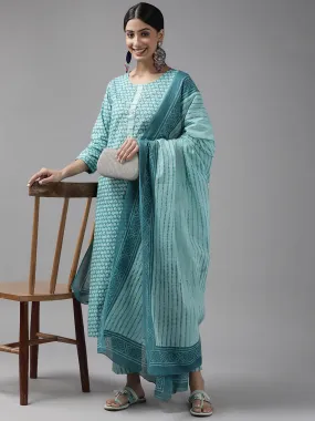 Teal Blue Printed Dupatta Set