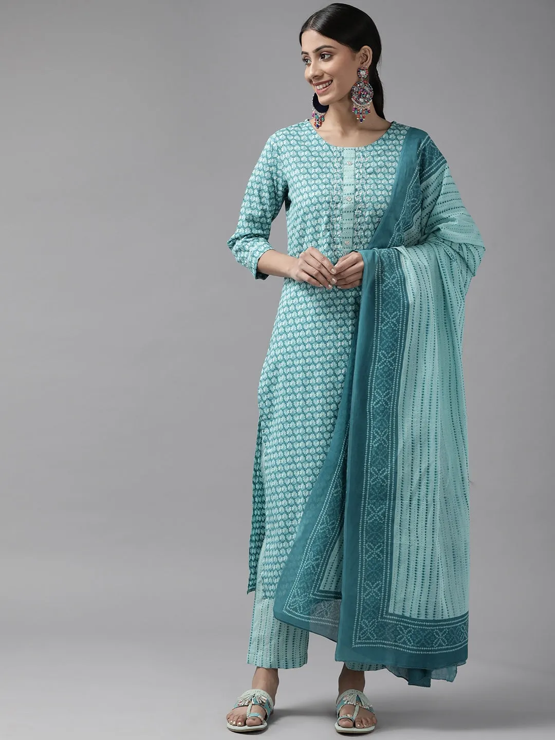 Teal Blue Printed Dupatta Set