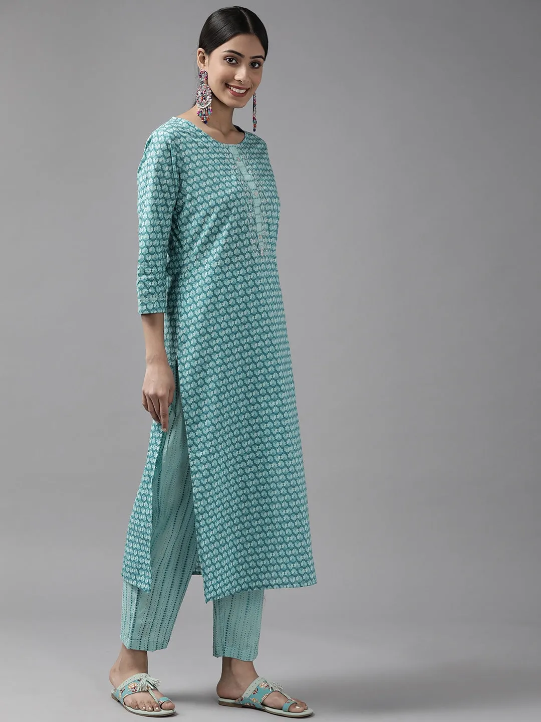 Teal Blue Printed Dupatta Set