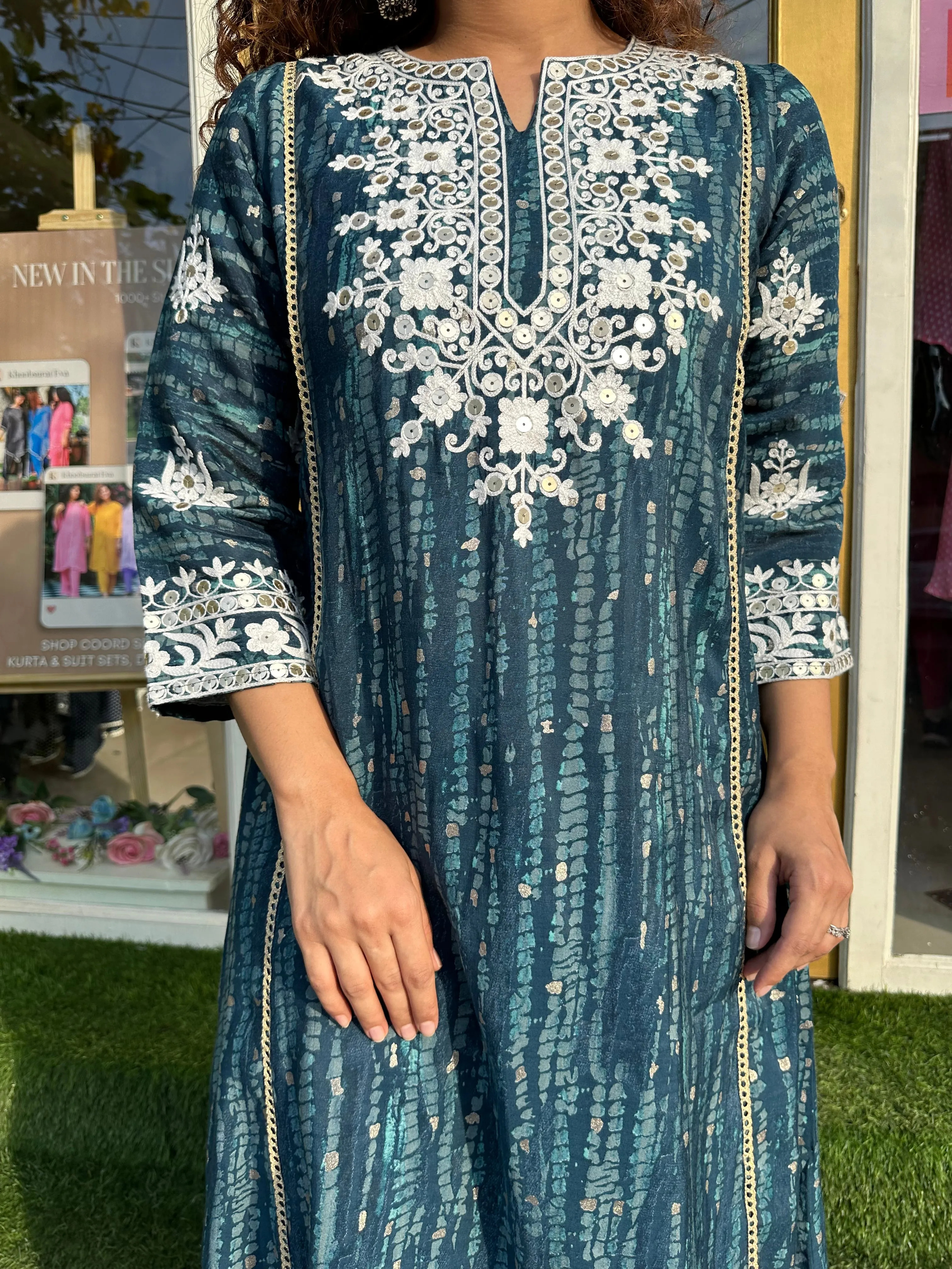 Teal Blue Thread Work Kurta Set