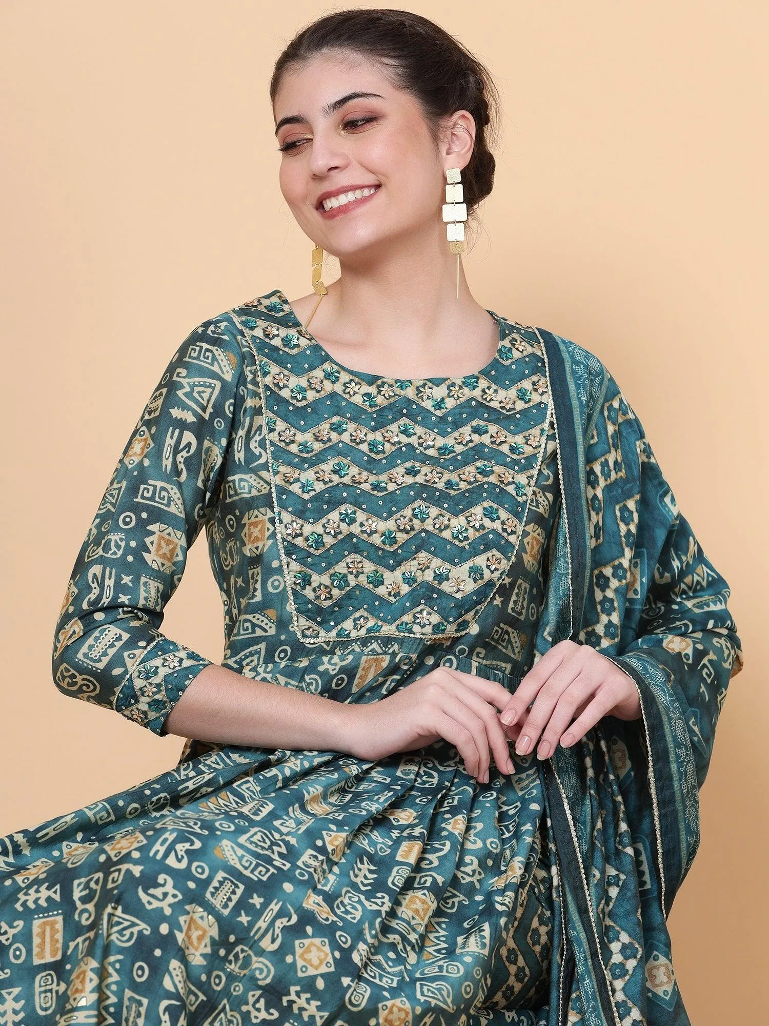 Teal Chanderi Silk Ethnic Kurta Dupatta Set