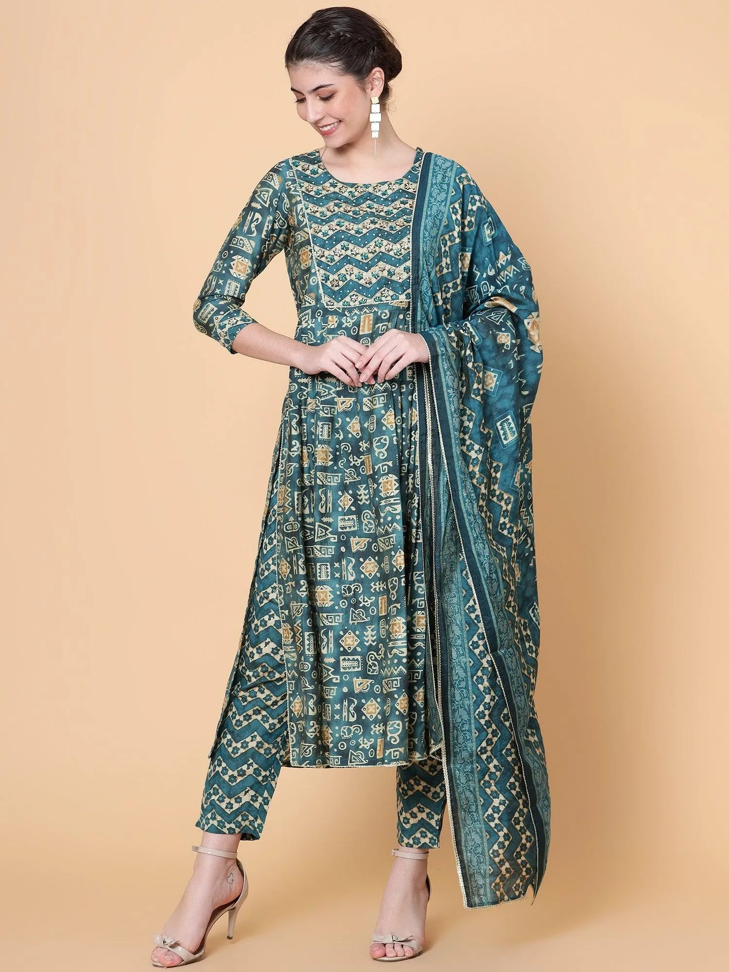 Teal Chanderi Silk Ethnic Kurta Dupatta Set