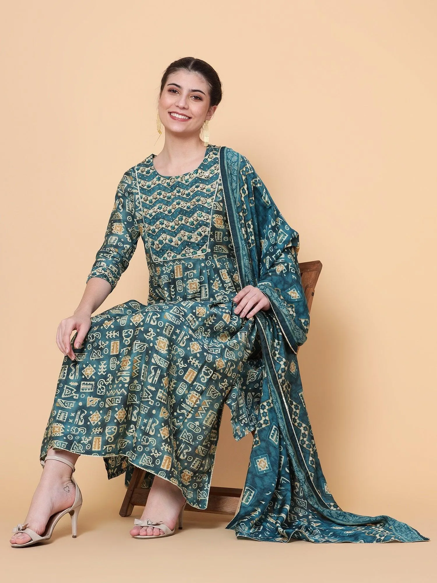 Teal Chanderi Silk Ethnic Kurta Dupatta Set