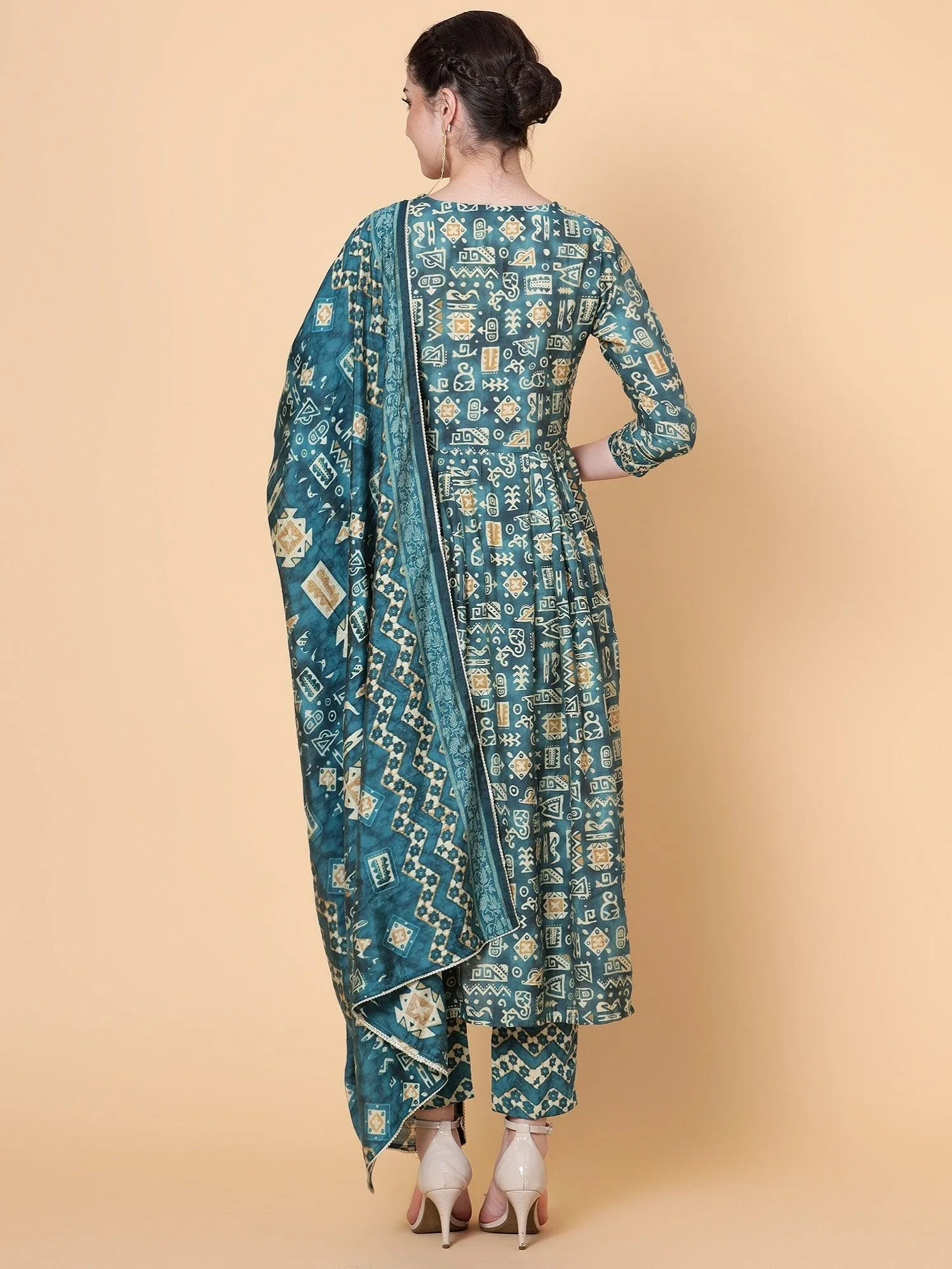 Teal Chanderi Silk Ethnic Kurta Dupatta Set