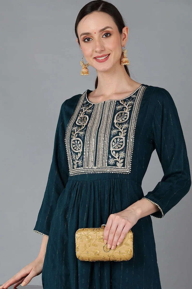 Teal Green Silk Blend Yoke Design Solid Straight Kurta Set