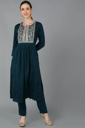 Teal Green Silk Blend Yoke Design Solid Straight Kurta Set