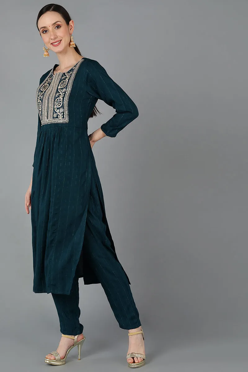 Teal Green Silk Blend Yoke Design Solid Straight Kurta Set