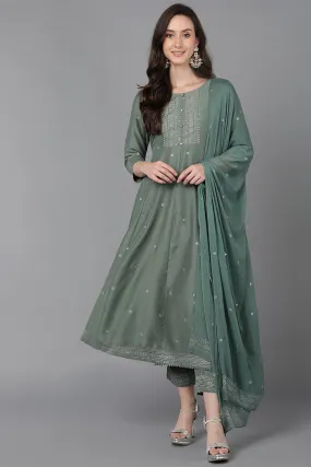 Teal Poly Silk Anarkali Kurta Pant With Dupatta