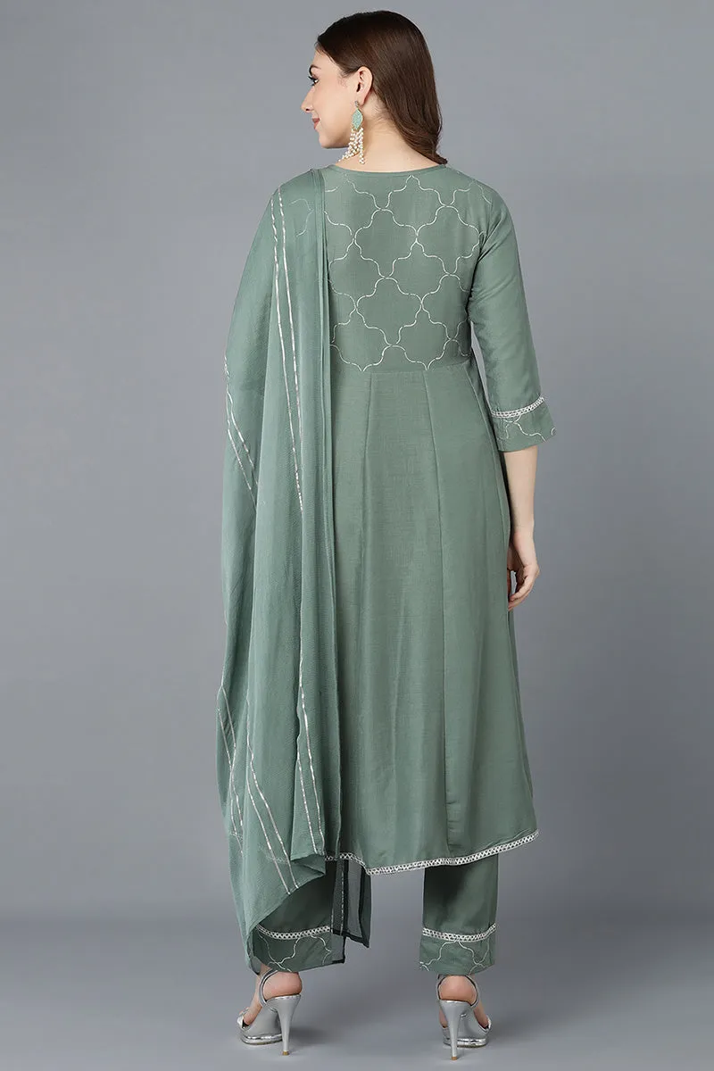 Teal Poly Silk Embroidered Kurta Trousers With Dupatta