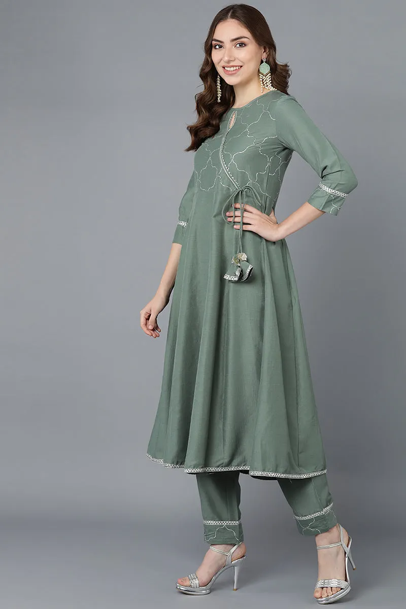 Teal Poly Silk Embroidered Kurta Trousers With Dupatta