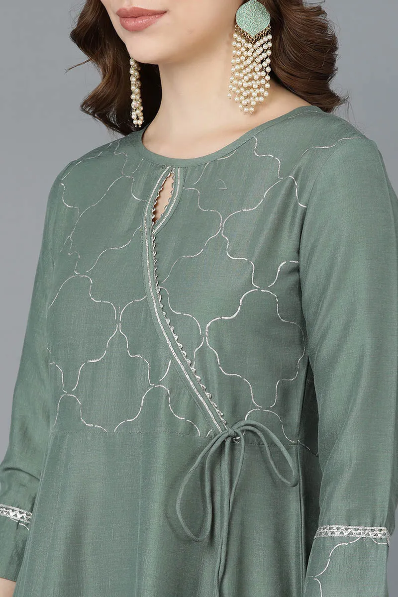 Teal Poly Silk Embroidered Kurta Trousers With Dupatta