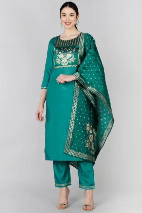 Teal Poly Silk Yoke Design Straight Suit Set