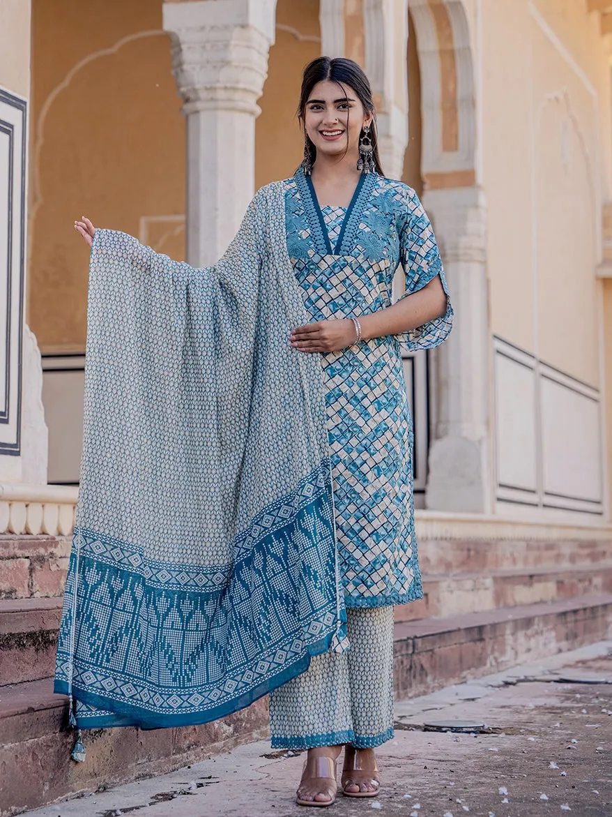 Teal Printed Kurta Dupatta Set