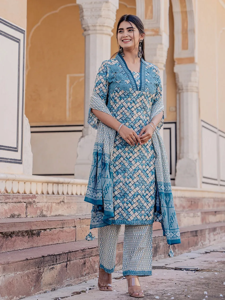 Teal Printed Kurta Dupatta Set