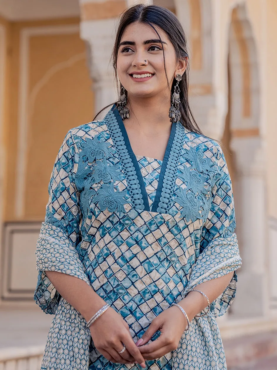 Teal Printed Kurta Dupatta Set