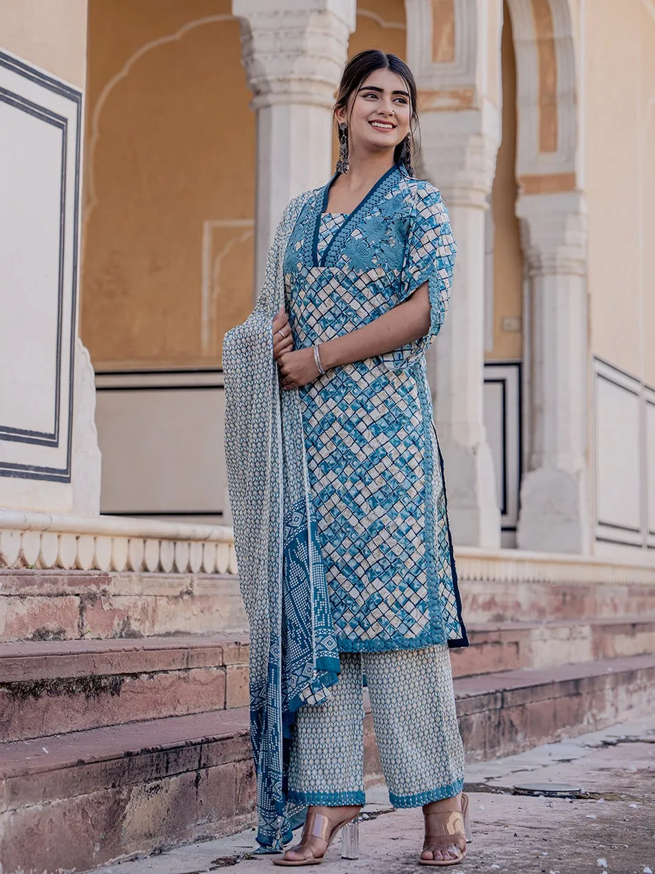 Teal Printed Kurta Dupatta Set