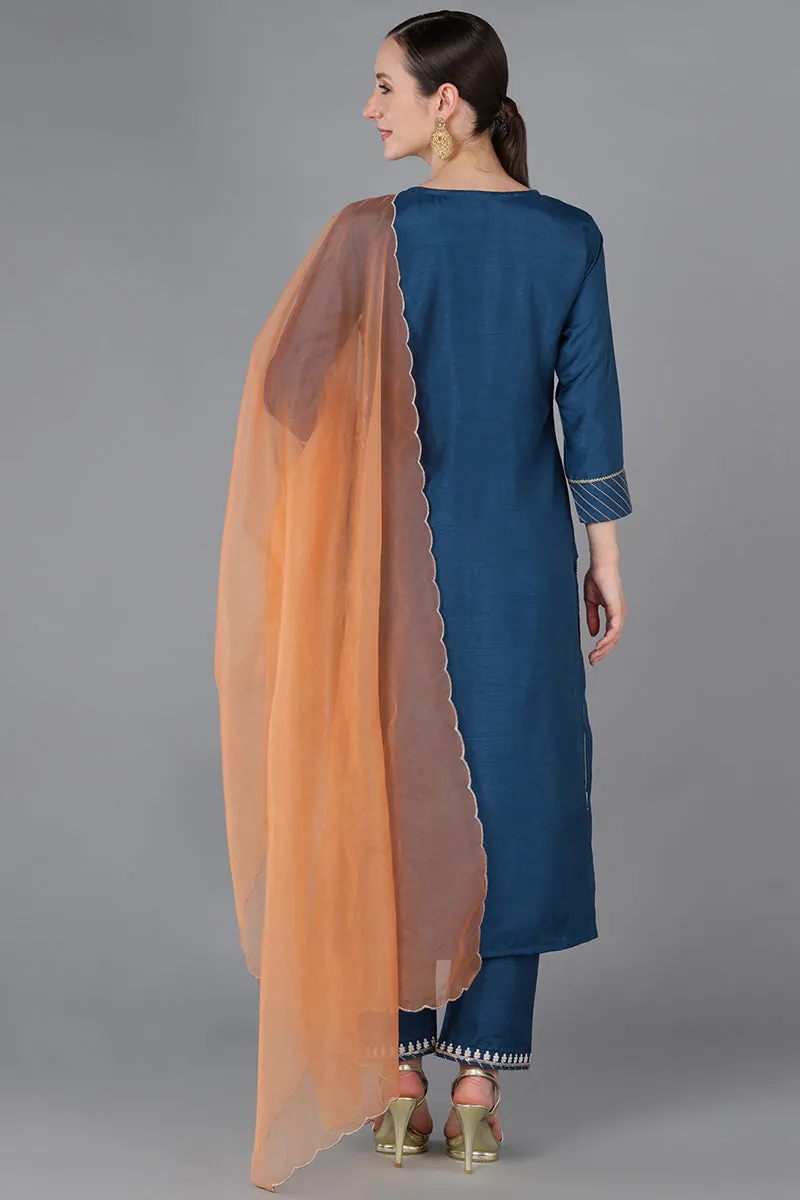 Teal Silk Blend Embroidered Kurta