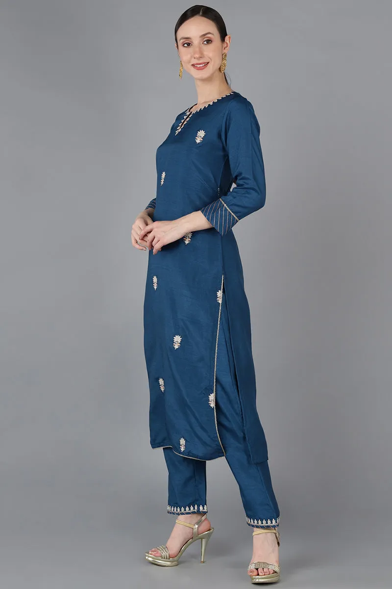 Teal Silk Blend Embroidered Kurta