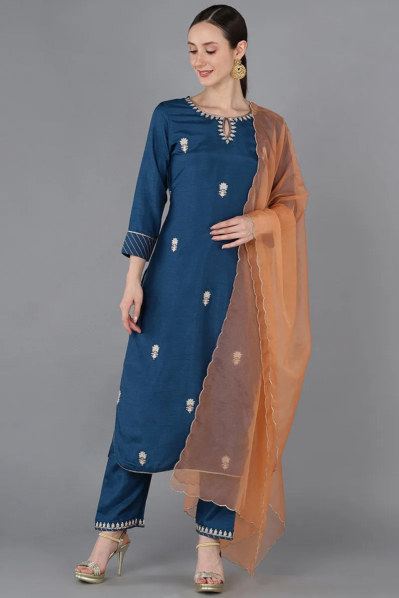 Teal Silk Blend Embroidered Kurta