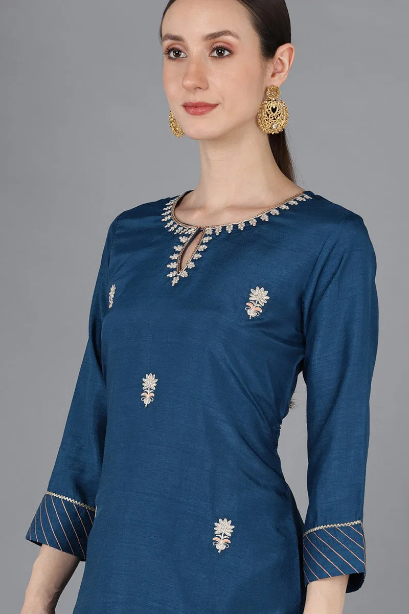 Teal Silk Blend Embroidered Kurta