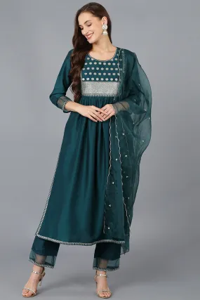 Teal Silk Blend Solid A-Line Kurta Trousers With Dupatta