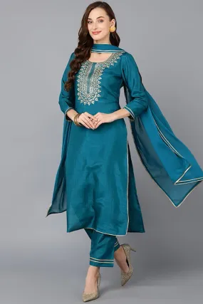 Teal Silk Blend Solid Straight Suit Set